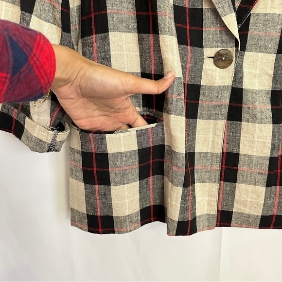 90s Vintage Requirements Linen Khaki Black Beige Red Checked Blazer Jacket Sz 10 - Picture 14 of 14